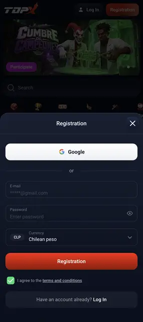 Pantalla de registro con el peso chileno como moneda en el sitio de TopX